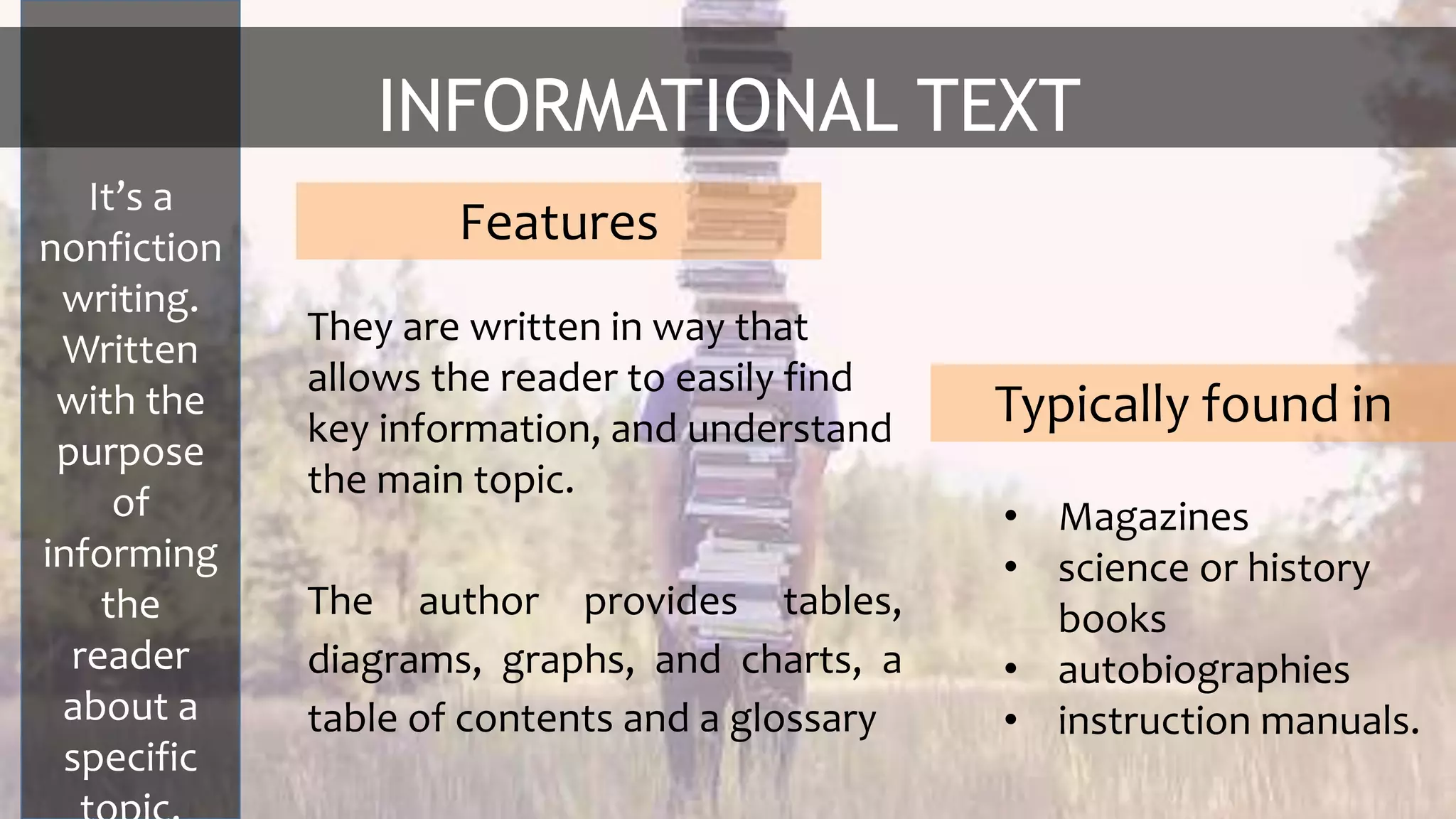 INFORMATIONAL TEXT
It’s a
nonfiction
writing.
Written
with the
purpose
of
informing
the
reader
about a
specific
• Magazines
• science or history
books
• autobiographies
• instruction manuals.
They are written in way that
allows the reader to easily find
key information, and understand
the main topic.
The author provides tables,
diagrams, graphs, and charts, a
table of contents and a glossary
Features
Typically found in
 