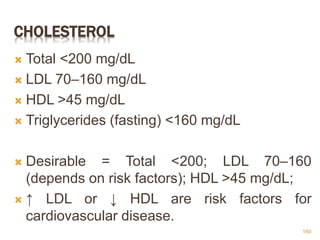 CHOLESTEROL
 Total <200 mg/dL
 LDL 70–160 mg/dL
 HDL >45 mg/dL
 Triglycerides (fasting) <160 mg/dL
 Desirable = Total <200; LDL 70–160
(depends on risk factors); HDL >45 mg/dL;
 ↑ LDL or ↓ HDL are risk factors for
cardiovascular disease.
160
 