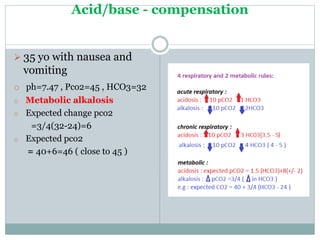 Acid/base - compensation
 35 yo with nausea and
vomiting
o ph=7.47 , Pco2=45 , HCO3=32
o Metabolic alkalosis
o Expected change pco2
=3/4(32-24)=6
o Expected pco2
= 40+6=46 ( close to 45 )
 