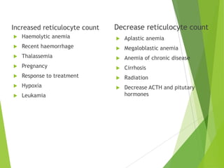 Increased reticulocyte count
 Haemolytic anemia
 Recent haemorrhage
 Thalassemia
 Pregnancy
 Response to treatment
 Hypoxia
 Leukamia
Decrease reticulocyte count
 Aplastic anemia
 Megaloblastic anemia
 Anemia of chronic disease
 Cirrhosis
 Radiation
 Decrease ACTH and pitutary
hormones
 
