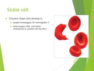 Sickle cell
 Crescent shape cells develop in
 people homozygous for haemoglobin S
 Heterozygous HbS and either
thallasemia or another Hb like Hb C
 