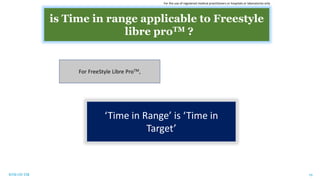 RTM ON TIR 19
is Time in range applicable to Freestyle
libre proTM ?
For FreeStyle Libre ProTM,
‘Time in Range’ is ‘Time in
Target’
For the use of registered medical practitioners or hospitals or laboratories only
 