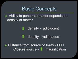  Ability to penetrate matter depends on
density of matter
density - radiolucent
density - radiopaque
Distance from source of X-ray - FFD
Closure source - magnification