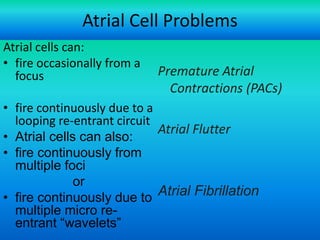 Atrial Cell Problems
Atrial cells can:
• fire occasionally from a
focus

Premature Atrial
Contractions (PACs)

• fire continuously due to a
looping re-entrant circuit
Atrial Flutter
• Atrial cells can also:
• fire continuously from
multiple foci
or
Atrial Fibrillation
• fire continuously due to
multiple micro reentrant “wavelets”
For more presentations
www.medicalppt.blogspot.com

 