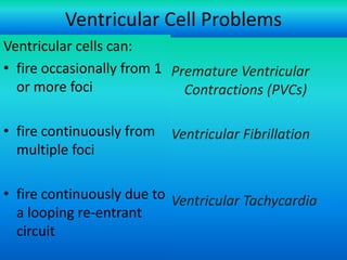 Ventricular Cell Problems
Ventricular cells can:
• fire occasionally from 1 Premature Ventricular
or more foci
Contractions (PVCs)
• fire continuously from
multiple foci

Ventricular Fibrillation

• fire continuously due to Ventricular Tachycardia
a looping re-entrant
circuit
For more presentations
www.medicalppt.blogspot.com

 