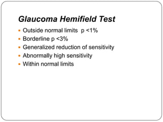 Glaucoma Hemifield Test
 Outside normal limits p <1%
 Borderline p <3%
 Generalized reduction of sensitivity
 Abnormally high sensitivity
 Within normal limits

 