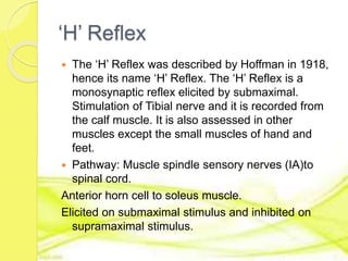 ‘H’ Reflex
 The ‘H’ Reflex was described by Hoffman in 1918,
hence its name ‘H’ Reflex. The ‘H’ Reflex is a
monosynaptic reflex elicited by submaximal.
Stimulation of Tibial nerve and it is recorded from
the calf muscle. It is also assessed in other
muscles except the small muscles of hand and
feet.
 Pathway: Muscle spindle sensory nerves (IA)to
spinal cord.
Anterior horn cell to soleus muscle.
Elicited on submaximal stimulus and inhibited on
supramaximal stimulus.
 