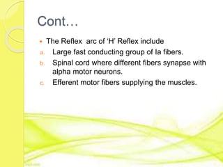 Cont…
 The Reflex arc of ‘H’ Reflex include
a. Large fast conducting group of Ia fibers.
b. Spinal cord where different fibers synapse with
alpha motor neurons.
c. Efferent motor fibers supplying the muscles.
 