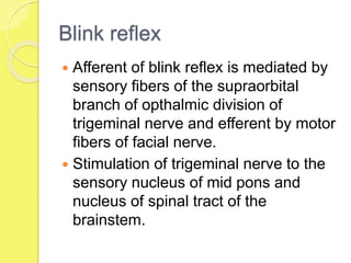 Blink reflex
 Afferent of blink reflex is mediated by
sensory fibers of the supraorbital
branch of opthalmic division of
trigeminal nerve and efferent by motor
fibers of facial nerve.
 Stimulation of trigeminal nerve to the
sensory nucleus of mid pons and
nucleus of spinal tract of the
brainstem.
 