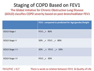 Staging of COPD Based on FEV1
The Global initiative for Chronic Obstructive Lung Disease
(GOLD) classifies COPD severity based on post-bronchodilator FEV1
FEV1 compared to predicted for Age/gender/height
GOLD Stage I FEV1 _> 80%
GOLD Stage I I 50% _< FEV1 _< 80%
GOLD Stage I I I 30% _< FEV1 _> 50%
GOLD Stage I V FEV1 _< 30%
FEV1/FVC < 0.7 There is weak co-relation between FEV1 & Quality of Life
 