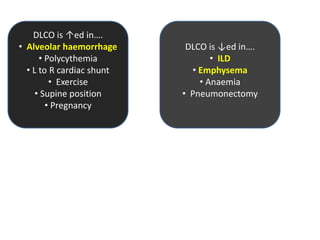 DLCO is ↑ed in….
• Alveolar haemorrhage
• Polycythemia
• L to R cardiac shunt
• Exercise
• Supine position
• Pregnancy
DLCO is ↓ed in….
• ILD
• Emphysema
• Anaemia
• Pneumonectomy
 
