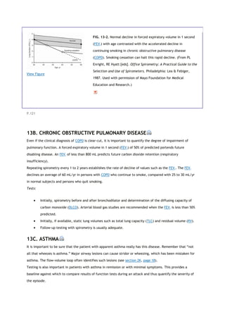 View Figure
FIG. 13-2. Normal decline in forced expiratory volume in 1 second
(FEV1) with age contrasted with the accelerated decline in
continuing smoking in chronic obstructive pulmonary disease
(COPD). Smoking cessation can halt this rapid decline. (From PL
Enright, RE Hyatt [eds]. Office Spirometry: A Practical Guide to the
Selection and Use of Spirometers. Philadelphia: Lea & Febiger,
1987. Used with permission of Mayo Foundation for Medical
Education and Research.)
P.121
13B. CHRONIC OBSTRUCTIVE PULMONARY DISEASE
Even if the clinical diagnosis of COPD is clear-cut, it is important to quantify the degree of impairment of
pulmonary function. A forced expiratory volume in 1 second (FEV1) of 50% of predicted portends future
disabling disease. An FEV1 of less than 800 mL predicts future carbon dioxide retention (respiratory
insufficiency).
Repeating spirometry every 1 to 2 years establishes the rate of decline of values such as the FEV1. The FEV1
declines an average of 60 mL/yr in persons with COPD who continue to smoke, compared with 25 to 30 mL/yr
in normal subjects and persons who quit smoking.
Tests:
 Initially, spirometry before and after bronchodilator and determination of the diffusing capacity of
carbon monoxide (DLCO). Arterial blood gas studies are recommended when the FEV1 is less than 50%
predicted.
 Initially, if available, static lung volumes such as total lung capacity (TLC) and residual volume (RV).
 Follow-up testing with spirometry is usually adequate.
13C. ASTHMA
It is important to be sure that the patient with apparent asthma really has this disease. Remember that “not
all that wheezes is asthma.” Major airway lesions can cause stridor or wheezing, which has been mistaken for
asthma. The flow-volume loop often identifies such lesions (see section 2K, page 18).
Testing is also important in patients with asthma in remission or with minimal symptoms. This provides a
baseline against which to compare results of function tests during an attack and thus quantify the severity of
the episode.
 