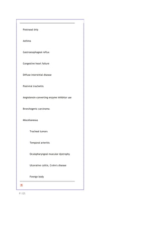 Postnasal drip
Asthma
Gastroesophageal reflux
Congestive heart failure
Diffuse interstitial disease
Postviral tracheitis
Angiotensin-converting enzyme inhibitor use
Bronchogenic carcinoma
Miscellaneous
Tracheal tumors
Temporal arteritis
Oculopharyngeal muscular dystrophy
Ulcerative colitis, Crohn's disease
Foreign body
P.125
 