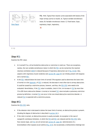 View Figure
FIG. 14-4. Typical flow-volume curves associated with lesions of the
major airway (carina to mouth). A. Typical variable extrathoracic
lesion. B. Variable intrathoracic lesion. C. Fixed lesion. Expir,
expiratory; Inspir, inspiratory.
P.132
Step II
Examine the FEV1 value.
 Is it normal? If so, all but borderline obstruction or restriction is ruled out. There are exceptions,
namely, the rare variable extrathoracic lesion in which the FEV1 can be normal but the maximal
voluntary ventilation (MVV) is reduced because of inspiratory obstruction (as in Fig. 14-4A). Also,
subjects with respiratory muscle weakness (see section 9D, page 97) can initially present with dyspnea
and a normal FEV1.
 Is the FEV1 reduced below the lower limit of normal? (The equation used to determine the lower limit
of normal is in the Appendix.) If FEV1 is reduced, the decrease is most often due to airway obstruction.
It could be caused by a restrictive process, however, and thus, the FEV1/FVC ratio needs to be
evaluated. Nevertheless, if the TLC value is available, check it first. An increase in TLC by more than
15 to 20% favors obstructive disease. A normal or increased TLC value excludes a pulmonary restrictive
process by definition. A normal TLC can occur in the rare mixed obstructive-restrictive disorder. A
reduced TLC is expected with a restrictive process.
Step III
Examine the FEV1/FVC ratio.
 If the absolute ratio is decreased to below the lower limit of normal, an obstructive process is present.
(Grading the degree of obstruction is described in section 14C.)
 If the ratio is normal, an obstructive process is usually excluded. An exception is the case of
nonspecific ventilatory limitation, in which the FVC and FEV1 are reduced and the FEV1/FVC ratio,
flow-volume slope, and TLC are all normal (see section 3E, page 36). Administration of a
bronchodilator often exposes occult asthma (Fig. 14-5), but occasionally a methacholine challenge test
 