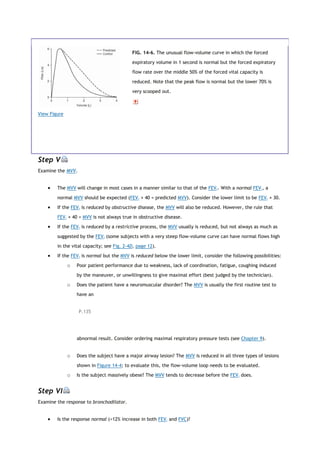 View Figure
FIG. 14-6. The unusual flow-volume curve in which the forced
expiratory volume in 1 second is normal but the forced expiratory
flow rate over the middle 50% of the forced vital capacity is
reduced. Note that the peak flow is normal but the lower 70% is
very scooped out.
Step V
Examine the MVV.
 The MVV will change in most cases in a manner similar to that of the FEV1. With a normal FEV1, a
normal MVV should be expected (FEV1 × 40 = predicted MVV). Consider the lower limit to be FEV1 × 30.
 If the FEV1 is reduced by obstructive disease, the MVV will also be reduced. However, the rule that
FEV1 × 40 = MVV is not always true in obstructive disease.
 If the FEV1 is reduced by a restrictive process, the MVV usually is reduced, but not always as much as
suggested by the FEV1 (some subjects with a very steep flow-volume curve can have normal flows high
in the vital capacity; see Fig. 2-4D, page 12).
 If the FEV1 is normal but the MVV is reduced below the lower limit, consider the following possibilities:
o Poor patient performance due to weakness, lack of coordination, fatigue, coughing induced
by the maneuver, or unwillingness to give maximal effort (best judged by the technician).
o Does the patient have a neuromuscular disorder? The MVV is usually the first routine test to
have an
P.135
abnormal result. Consider ordering maximal respiratory pressure tests (see Chapter 9).
o Does the subject have a major airway lesion? The MVV is reduced in all three types of lesions
shown in Figure 14-4; to evaluate this, the flow-volume loop needs to be evaluated.
o Is the subject massively obese? The MVV tends to decrease before the FEV1 does.
Step VI
Examine the response to bronchodilator.
 Is the response normal (<12% increase in both FEV1 and FVC)?
 