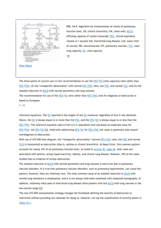 View Figure
FIG. 14-7. Algorithm for interpretation of results of pulmonary
function tests. CB, chronic bronchitis; CW, chest wall; DLCO,
diffusing capacity of carbon monoxide; FEV1, forced expiratory
volume in 1 second; ILD, interstitial lung disease; LLN, lower limit
of normal; NM, neuromuscular; PV, pulmonary vascular; TLC, total
lung capacity; VC, vital capacity.
The three points of concern are (1) the recommendation to use the FEV1/VC (vital capacity) ratio rather than
FEV1/FVC; (2) the “nonspecific abnormality” with normal FEV1/FVC ratio, low FVC, and normal TLC; and (3) the
isolated reduction in DLCO with normal spirometry and lung volumes.
The recommendation for use of the FEV1/VC ratio rather than FEV1/FVC ratio for diagnosis of obstruction is
based on European
P.145
reference equations. The VC reported is the largest of any VC maneuver regardless of how it was obtained.
Hence, the VC is always equal to or more than the FVC, and the FEV1/VC is always equal to or less than the
FEV1/FVC. The reference equation used is from a U.S. population and calculates an expected value for
FEV1/FVC, not FEV1/VC [4]. Arbitrarily substituting FEV1/VC for FEV1/FVC will cause a systematic bias toward
overdiagnosis of obstruction.
With use of ATS-ERS flow diagram, the “nonspecific abnormality” (normal FEV1/FVC ratio, low FVC and normal
TLC) is interpreted as obstruction (that is, asthma or chronic bronchitis). At Mayo Clinic, this common pattern
accounts for nearly 10% of all pulmonary function tests. As noted in section 3E, page 36, most cases are
associated with asthma, airway hyperreactivity, obesity, and chronic lung disease. However, 25% of the cases
studied had no evidence of airway obstruction.
The isolated reduction in DLCO with normal spirometry and lung volumes is said to be due to pulmonary
vascular disorders. It is true that pulmonary vascular disorders, such as pulmonary hypertension, can cause this
pattern; however, they are relatively rare. The most common cause of an isolated reduction in DLCO with
normal lung mechanics is emphysema, and it is not always mild when examined with computed tomography. In
addition, relatively mild cases of interstitial lung disease often present with low DLCO with lung volumes in the
low-normal range [5].
The new ATS-ERS interpretation strategy changes the thresholds defining the severity of obstruction or
restriction without providing any rationale for doing so. However, we use the classification of severity shown in
Table 14-1.
 
