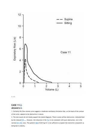 P.177
CASE 11
Answers
1. Certainly the flow-volume curve suggests a moderate ventilatory limitation that, on the basis of the contour
of the curve, appears to be obstructive in nature.
2. The test results do not totally support the stated diagnosis. There is some airflow obstruction, indicated best
by the reduced FEF25-75. However, the reduction in the TLC is not consistent with pure obstruction, nor is the
normal FEV1/FVC ratio. The patient's BMI of 28.9 kg/m2
is not sufficient to explain the restrictive component as
being due to obesity.
 