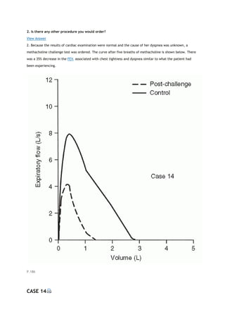 2. Is there any other procedure you would order?
View Answer
2. Because the results of cardiac examination were normal and the cause of her dyspnea was unknown, a
methacholine challenge test was ordered. The curve after five breaths of methacholine is shown below. There
was a 35% decrease in the FEV1 associated with chest tightness and dyspnea similar to what the patient had
been experiencing.
P.186
CASE 14
 