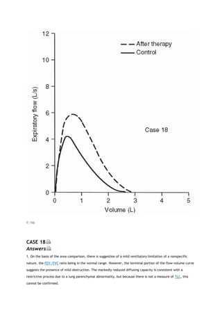 P.196
CASE 18
Answers
1. On the basis of the area comparison, there is suggestion of a mild ventilatory limitation of a nonspecific
nature, the FEV1/FVC ratio being in the normal range. However, the terminal portion of the flow-volume curve
suggests the presence of mild obstruction. The markedly reduced diffusing capacity is consistent with a
restrictive process due to a lung parenchymal abnormality, but because there is not a measure of TLC, this
cannot be confirmed.
 