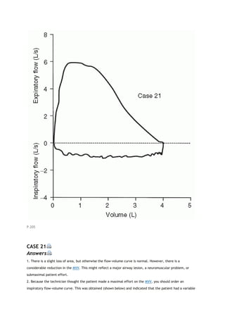 P.205
CASE 21
Answers
1. There is a slight loss of area, but otherwise the flow-volume curve is normal. However, there is a
considerable reduction in the MVV. This might reflect a major airway lesion, a neuromuscular problem, or
submaximal patient effort.
2. Because the technician thought the patient made a maximal effort on the MVV, you should order an
inspiratory flow-volume curve. This was obtained (shown below) and indicated that the patient had a variable
 