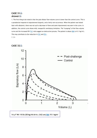 CASE 31
Answer
1. The first thing to be noted is that the post-dilator flow-volume curve is lower than the control curve. This is
a paradoxical response to isoproterenol (Isuprel), and a fairly rare occurrence. When the patient was tested
later with albuterol, there was not such a decrease in flows and some improvement was seen in the curve. In
addition, the control curve shows mild, nonspecific ventilatory limitation. The “scooping” of the flow-volume
curve and the increased RV/TLC ratio suggest an obstructive process. The patient is obese (BMI is 41.1 kg/m2
).
This may contribute to the reduction in FVC and FEV1.
P.226
CASE 32
14 y F Wt 110 lb (50 kg) Ht 64 in. (162 cm) BMI 19.1 kg/m2
 