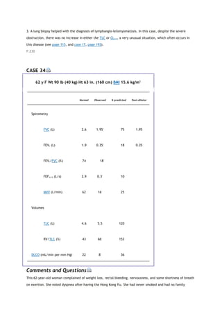 3. A lung biopsy helped with the diagnosis of lymphangio-leiomyomatosis. In this case, despite the severe
obstruction, there was no increase in either the TLC or CLstat, a very unusual situation, which often occurs in
this disease (see page 115, and case 17, page 192).
P.230
CASE 34
62 y F Wt 90 lb (40 kg) Ht 63 in. (160 cm) BMI 15.6 kg/m2
Normal Observed % predicted Post-dilator
Spirometry
FVC (L) 2.6 1.95*
75 1.95
FEV1 (L) 1.9 0.35*
18 0.35
FEV1/FVC (%) 74 18*
FEF25-75 (L/s) 2.9 0.3*
10
MVV (L/min) 62 16*
25
Volumes
TLC (L) 4.6 5.5 120
RV/TLC (%) 43 66*
153
DLCO (mL/min per mm Hg) 22 8*
36
Comments and Questions
This 62-year-old woman complained of weight loss, rectal bleeding, nervousness, and some shortness of breath
on exertion. She noted dyspnea after having the Hong Kong flu. She had never smoked and had no family
 
