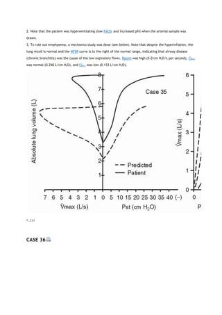 2. Note that the patient was hyperventilating (low PaCO2 and increased pH) when the arterial sample was
drawn.
3. To rule out emphysema, a mechanics study was done (see below). Note that despite the hyperinflation, the
lung recoil is normal and the MFSR curve is to the right of the normal range, indicating that airway disease
(chronic bronchitis) was the cause of the low expiratory flows. Rpulm was high (5.0 cm H2O/L per second), CLstat
was normal (0.250 L/cm H2O), and CLdyn was low (0.133 L/cm H2O).
P.234
CASE 36
 