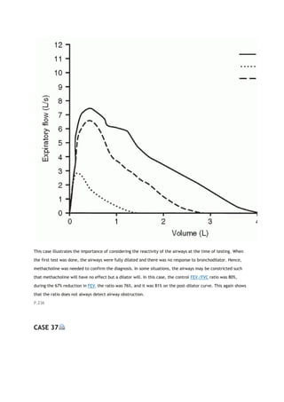 This case illustrates the importance of considering the reactivity of the airways at the time of testing. When
the first test was done, the airways were fully dilated and there was no response to bronchodilator. Hence,
methacholine was needed to confirm the diagnosis. In some situations, the airways may be constricted such
that methacholine will have no effect but a dilator will. In this case, the control FEV1/FVC ratio was 80%,
during the 67% reduction in FEV1 the ratio was 76%, and it was 81% on the post-dilator curve. This again shows
that the ratio does not always detect airway obstruction.
P.236
CASE 37
 