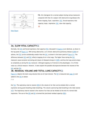 View Figure
FIG. 3-2. Spirogram for a normal subject during various maneuvers
compared with that of a subject with obstructive lung disease who
shows trapping. Expir, expiration; FVC, forced expiratory vital
capacity; Inspir, inspiration; SVC, slow vital capacity.
3A. SLOW VITAL CAPACITY
Normally, the SVC and forced expiratory vital capacity (FVC; discussed in Chapter 2) are identical, as shown in
the top panel of Figure 3-2. With airway obstruction, as in chronic obstructive pulmonary disease (COPD) or
asthma, the FVC can be considerably smaller than the SVC, as shown in the lower panel of Figure 3-2. The
difference between SVC and FVC reflects trapping of air in the lungs. The higher flows during the FVC
maneuver cause excessive narrowing and closure of diseased airways in COPD, and thus the lung cannot empty
as completely as during the SVC maneuver. Although trapping is of interest to the physiologist, it is of little
value as a clinical measure. However, it does explain the possible discrepancies between the volumes of the
SVC and the FVC.
3B. RESIDUAL VOLUME AND TOTAL LUNG CAPACITY
Figure 3-3 depicts the static lung volumes that are of most interest. The RV is measured (see page 31) and
added to the SVC to obtain
P.30
the TLC. The expiratory reserve volume (ERV) is the volume of air that can be exhaled after a normal
expiration during quiet breathing (tidal breathing). The volume used during tidal breathing is the tidal volume
(VT). The inspiratory reserve volume is the volume of air that can be inhaled at the end of a normal tidal
inspiration. The sum of the ERV and RV is termed the functional residual capacity (FRC).
 
