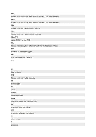FEF50
forced expiratory flow after 50% of the FVC has been exhaled
FEF75
forced expiratory flow after 75% of the FVC has been exhaled
FEV1
forced expiratory volume in 1 second
FEV6
forced expiratory volume in 6 seconds
FEV1/FVC
ratio of FEV1 to the FVC
FIF50
forced inspiratory flow after 50% of the VC has been inhaled
FIO2
fraction of inspired oxygen
FRC
functional residual capacity
P.xii
FV
flow-volume
FVC
forced expiratory vital capacity
Hb
hemoglobin
M
male
MetHb
methemoglobin
MFSR
maximal flow static recoil (curve)
MIF
maximal inspiratory flow
MVV
maximal voluntary ventilation
NO
nitric oxide
P
pressure
 