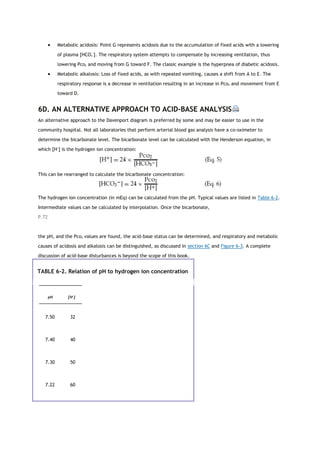  Metabolic acidosis: Point G represents acidosis due to the accumulation of fixed acids with a lowering
of plasma [HCO3
−
]. The respiratory system attempts to compensate by increasing ventilation, thus
lowering Pco2 and moving from G toward F. The classic example is the hyperpnea of diabetic acidosis.
 Metabolic alkalosis: Loss of fixed acids, as with repeated vomiting, causes a shift from A to E. The
respiratory response is a decrease in ventilation resulting in an increase in Pco2 and movement from E
toward D.
6D. AN ALTERNATIVE APPROACH TO ACID-BASE ANALYSIS
An alternative approach to the Davenport diagram is preferred by some and may be easier to use in the
community hospital. Not all laboratories that perform arterial blood gas analysis have a co-oximeter to
determine the bicarbonate level. The bicarbonate level can be calculated with the Henderson equation, in
which [H+
] is the hydrogen ion concentration:
This can be rearranged to calculate the bicarbonate concentration:
The hydrogen ion concentration (in mEq) can be calculated from the pH. Typical values are listed in Table 6-2.
Intermediate values can be calculated by interpolation. Once the bicarbonate,
P.72
the pH, and the Pco2 values are found, the acid-base status can be determined, and respiratory and metabolic
causes of acidosis and alkalosis can be distinguished, as discussed in section 6C and Figure 6-3. A complete
discussion of acid-base disturbances is beyond the scope of this book.
TABLE 6-2. Relation of pH to hydrogen ion concentration
pH [H+
]
7.50 32
7.40 40
7.30 50
7.22 60
 