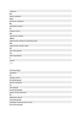 resistance
Raw
airway resistance
Rpulm
pulmonary resistance
RQ
respiratory quotient
RV
residual volume
SAD
small airway disease
SBDLCO
single-breath method for estimating DLCO
SBN2
single-breath nitrogen (test)
SVC
slow vital capacity
TLC
total lung capacity
V
volume
P.xiii
[V with dot above]
ventilation
VA
alveolar volume
[V with dot above]A
alveolar ventilation
VC
vital capacity
[V with dot above]CO2
carbon dioxide production
VD
dead space volume
[V with dot above]E
ventilation measured at the mouth
[V with dot above]max
 