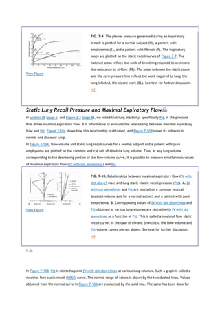 View Figure
FIG. 7-9. The pleural pressure generated during an inspiratory
breath is plotted for a normal subject (N), a patient with
emphysema (E), and a patient with fibrosis (F). The inspiratory
loops are plotted on the static recoil curves of Figure 7-7. The
hatched areas reflect the work of breathing required to overcome
the resistance to airflow (RS). The areas between the static curve
and the zero-pressure line reflect the work required to keep the
lung inflated, the elastic work (EL). See text for further discussion.
Static Lung Recoil Pressure and Maximal Expiratory Flow
In section 2B (page 6) and Figure 2-2 (page 8), we noted that lung elasticity, specifically Pst, is the pressure
that drives maximal expiratory flow. It is informative to evaluate the relationship between maximal expiratory
flow and Pst. Figure 7-10A shows how this relationship is obtained, and Figure 7-10B shows its behavior in
normal and diseased lungs.
In Figure 7-10A, flow-volume and static lung recoil curves for a normal subject and a patient with pure
emphysema are plotted on the common vertical axis of absolute lung volume. Thus, at any lung volume
corresponding to the decreasing portion of the flow-volume curve, it is possible to measure simultaneous values
of maximal expiratory flow ([V with dot above]max) and Pst.
View Figure
FIG. 7-10. Relationships between maximal expiratory flow ([V with
dot above] max) and lung static elastic recoil pressure (Pst). A. [V
with dot above]max and Pst are plotted on a common vertical
absolute volume axis for a normal subject and a patient with pure
emphysema. B. Corresponding values of [V with dot above]max and
Pst obtained at various lung volumes are plotted with [V with dot
above]max as a function of Pst. This is called a maximal flow static
recoil curve. In the case of chronic bronchitis, the flow-volume and
Pst-volume curves are not shown. See text for further discussion.
P.86
In Figure 7-10B, Pst is plotted against [V with dot above]max at various lung volumes. Such a graph is called a
maximal flow static recoil (MFSR) curve. The normal range of values is shown by the two dashed lines. Values
obtained from the normal curve in Figure 7-10A are connected by the solid line. The same has been done for
 