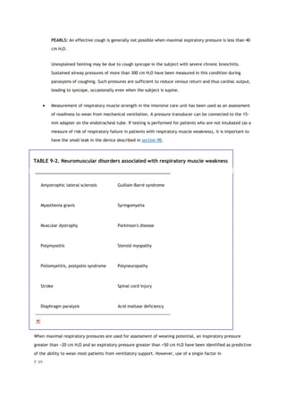 PEARLS: An effective cough is generally not possible when maximal expiratory pressure is less than 40
cm H2O.
Unexplained fainting may be due to cough syncope in the subject with severe chronic bronchitis.
Sustained airway pressures of more than 300 cm H2O have been measured in this condition during
paroxysms of coughing. Such pressures are sufficient to reduce venous return and thus cardiac output,
leading to syncope, occasionally even when the subject is supine.
 Measurement of respiratory muscle strength in the intensive care unit has been used as an assessment
of readiness to wean from mechanical ventilation. A pressure transducer can be connected to the 15-
mm adapter on the endotracheal tube. If testing is performed for patients who are not intubated (as a
measure of risk of respiratory failure in patients with respiratory muscle weakness), it is important to
have the small leak in the device described in section 9B.
TABLE 9-2. Neuromuscular disorders associated with respiratory muscle weakness
Amyotrophic lateral sclerosis Guillain-Barré syndrome
Myasthenia gravis Syringomyelia
Muscular dystrophy Parkinson's disease
Polymyositis Steroid myopathy
Poliomyelitis, postpolio syndrome Polyneuropathy
Stroke Spinal cord injury
Diaphragm paralysis Acid maltase deficiency
When maximal respiratory pressures are used for assessment of weaning potential, an inspiratory pressure
greater than −20 cm H2O and an expiratory pressure greater than +50 cm H2O have been identified as predictive
of the ability to wean most patients from ventilatory support. However, use of a single factor in
P.99
 