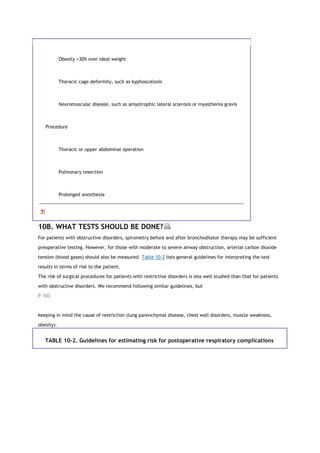 Obesity >30% over ideal weight
Thoracic cage deformity, such as kyphoscoliosis
Neuromuscular disease, such as amyotrophic lateral sclerosis or myasthenia gravis
Procedure
Thoracic or upper abdominal operation
Pulmonary resection
Prolonged anesthesia
10B. WHAT TESTS SHOULD BE DONE?
For patients with obstructive disorders, spirometry before and after bronchodilator therapy may be sufficient
preoperative testing. However, for those with moderate to severe airway obstruction, arterial carbon dioxide
tension (blood gases) should also be measured. Table 10-2 lists general guidelines for interpreting the test
results in terms of risk to the patient.
The risk of surgical procedures for patients with restrictive disorders is less well studied than that for patients
with obstructive disorders. We recommend following similar guidelines, but
P.103
keeping in mind the cause of restriction (lung parenchymal disease, chest wall disorders, muscle weakness,
obesity).
TABLE 10-2. Guidelines for estimating risk for postoperative respiratory complications
 