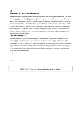 12
Patterns in Various Diseases
There are patterns of pulmonary function test abnormalities that are typical for most patients with a particular
disease. Table 12-1 expands on Table 3-1, adding data on lung volumes, arterial blood gas values, diffusing
capacity, lung compliance and resistance, the single-breath nitrogen test, and maximal respiratory pressures. It
should be emphasized that a clinical diagnosis is not made from these test results alone. Rather they quantify
the lung impairment and are to be interpreted in the context of the total clinical picture. For this discussion,
obstructive disease is categorized into four conditions: emphysema, chronic bronchitis, chronic obstructive
pulmonary disease, and asthma. Restrictive conditions are divided into those due to pulmonary parenchymal
disease and extrapulmonary causes.
12A. EMPHYSEMA
Pure emphysema (such as α1-antitrypsin deficiency) is associated with hyperinflation (increased total lung
capacity [TLC]); a significant loss of lung elasticity (decreased recoil pressure at TLC and increased static
compliance of the lung [PTLC and CLstat]); and often a substantial decrease in the diffusing capacity of the lung
(DLCO, reflecting destruction of alveoli). Resting arterial tension of oxygen (PaO2) and carbon dioxide (PaCO2)
are generally normal until the condition is far advanced. Bullae, predominantly in the lower lung fields, are
typical in α1-antitrypsin deficiency.
P.112
P.113
TABLE 12-1. Patterns of pulmonary function tests in disease
 