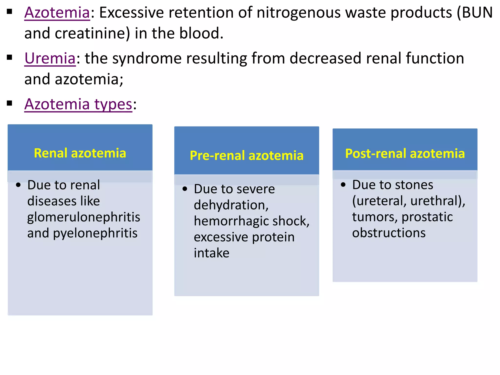  Azotemia: Excessive retention of nitrogenous waste products (BUN
and creatinine) in the blood.
 Uremia: the syndrome resulting from decreased renal function
and azotemia;
 Azotemia types:
Renal azotemia
• Due to renal
diseases like
glomerulonephritis
and pyelonephritis
Pre-renal azotemia
• Due to severe
dehydration,
hemorrhagic shock,
excessive protein
intake
Post-renal azotemia
• Due to stones
(ureteral, urethral),
tumors, prostatic
obstructions
 