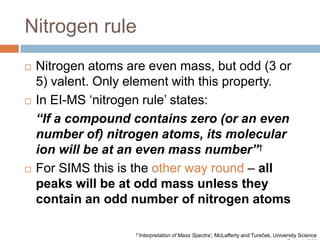 Nitrogen rule






Nitrogen atoms are even mass, but odd (3 or 5)
valent. Only element with this property.
In EI-MS ‘nitrogen rule’ states:
“If a compound contains zero (or an even number of)
nitrogen atoms, its molecular ion will be at an even
mass number”†
For SIMS this is the other way round – all peaks
will be at odd mass unless they contain an odd
number of nitrogen atoms
†‘Interpretation

of Mass Spectra’, McLafferty and Tureček, University Science Books, 1993

 