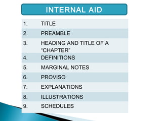 INTERNAL AID
1. TITLE
2. PREAMBLE
3. HEADING AND TITLE OF A
“CHAPTER”
4. DEFINITIONS
5. MARGINAL NOTES
6. PROVISO
7. EXPLANATIONS
8. ILLUSTRATIONS
9. SCHEDULES
 