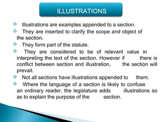  Illustrations are examples appended to a section.
 They are inserted to clarify the scope and object of
the section.
 They form part of the statute.
 They are considered to be of relevant value in
interpreting the text of the section. However if there is
conflict between section and illustration, the section will
prevail.
 Not all sections have illustrations appended to them.
 Where the language of a section is likely to confuse
an ordinary reader, the legislature adds illustrations so
as to explain the purpose of the section.
ILLUSTRATIONS
 