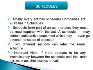  Mostly every act has schedules.Companies act
2013 has 7 Schedules
 Schedule form part of an act therefore they must
be read together with the act. A schedule may
contain substantive enactment which may even go
beyond the scope of a section.
 Two different sections can refer the same
schedule
 Important Note: If there appears to be any
inconsistency between the schedule and the main
act, main act shall always prevail
SCHEDULES
 