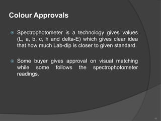 Colour Approvals
 Spectrophotometer is a technology gives values
(L, a, b, c, h and delta-E) which gives clear idea
that how much Lab-dip is closer to given standard.
 Some buyer gives approval on visual matching
while some follows the spectrophotometer
readings.
46
 