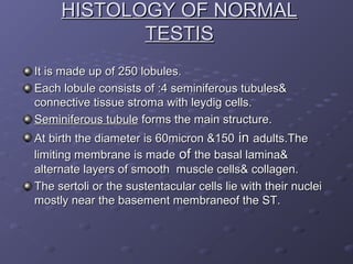 HISTOLOGY OF NORMALHISTOLOGY OF NORMAL
TESTISTESTIS
It is made up of 250 lobules.It is made up of 250 lobules.
Each lobule...