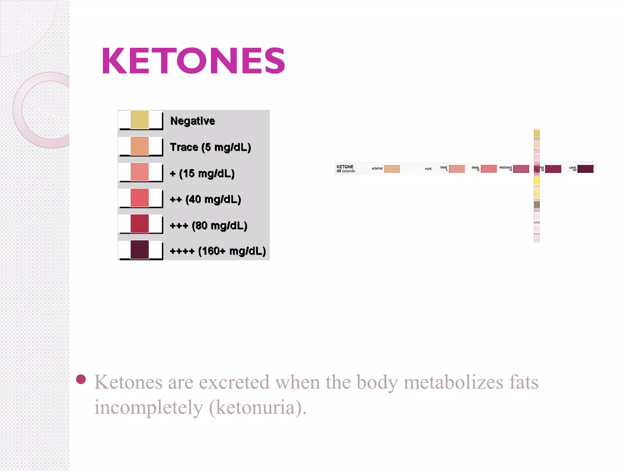 KETONES

 Ketones

are excreted when the body metabolizes fats
incompletely (ketonuria).

 