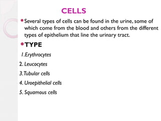 CELLS
Several

types of cells can be found in the urine, some of
which come from the blood and others from the different
types of epithelium that line the urinary tract.

TYPE

1.Erythrocytes
2. Leucocytes
3.Tubular cells
4. Uroepithelial cells
5. Squamous cells

 