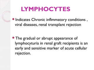 LYMPHOCYTES
Indicates

Chronic inflmmatory conditions ,
viral diseases, renal transplant rejection

The

gradual or abrupt appearance of
lymphocyturia in renal graft recipients is an
early and sensitive marker of acute cellular
rejection.

 