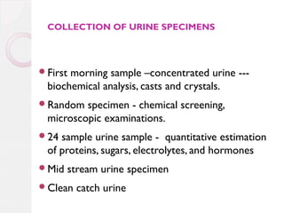 COLLECTION OF URINE SPECIMENS

First

morning sample –concentrated urine --biochemical analysis, casts and crystals.

Random

specimen - chemical screening,
microscopic examinations.

24

sample urine sample - quantitative estimation
of proteins, sugars, electrolytes, and hormones

Mid

stream urine specimen

Clean

catch urine

 
