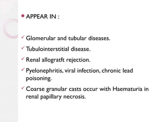APPEAR

IN :

 Glomerular

and tubular diseases.

 Tubulointerstitial
 Renal

disease.

allogratft rejection.

 Pyelonephritis, viral

infection, chronic lead

poisoning.
 Coarse

granular casts occur with Haematuria in
renal papillary necrosis.

 