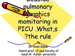 BedsideBedside
pulmonarypulmonary
graphicsgraphics
momitoring inmomitoring in
PICU .What,sPICU .What,s
the rulethe rule??
ByBy
Dr Amal GaberDr Amal Gaber
Assist.prof. of ped.faculty ofAssist.prof. of ped.faculty of
medi.Al Azhar universitymedi.Al Azhar university
 