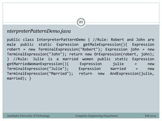 Amirkabir University of Technology Computer Engineering Department Fall 2010
21
nterpreterPatternDemo.java
public class InterpreterPatternDemo { //Rule: Robert and John are
male public static Expression getMaleExpression(){ Expression
robert = new TerminalExpression("Robert"); Expression john = new
TerminalExpression("John"); return new OrExpression(robert, john);
} //Rule: Julie is a married women public static Expression
getMarriedWomanExpression(){ Expression julie = new
TerminalExpression("Julie"); Expression married = new
TerminalExpression("Married"); return new AndExpression(julie,
married); }
 
